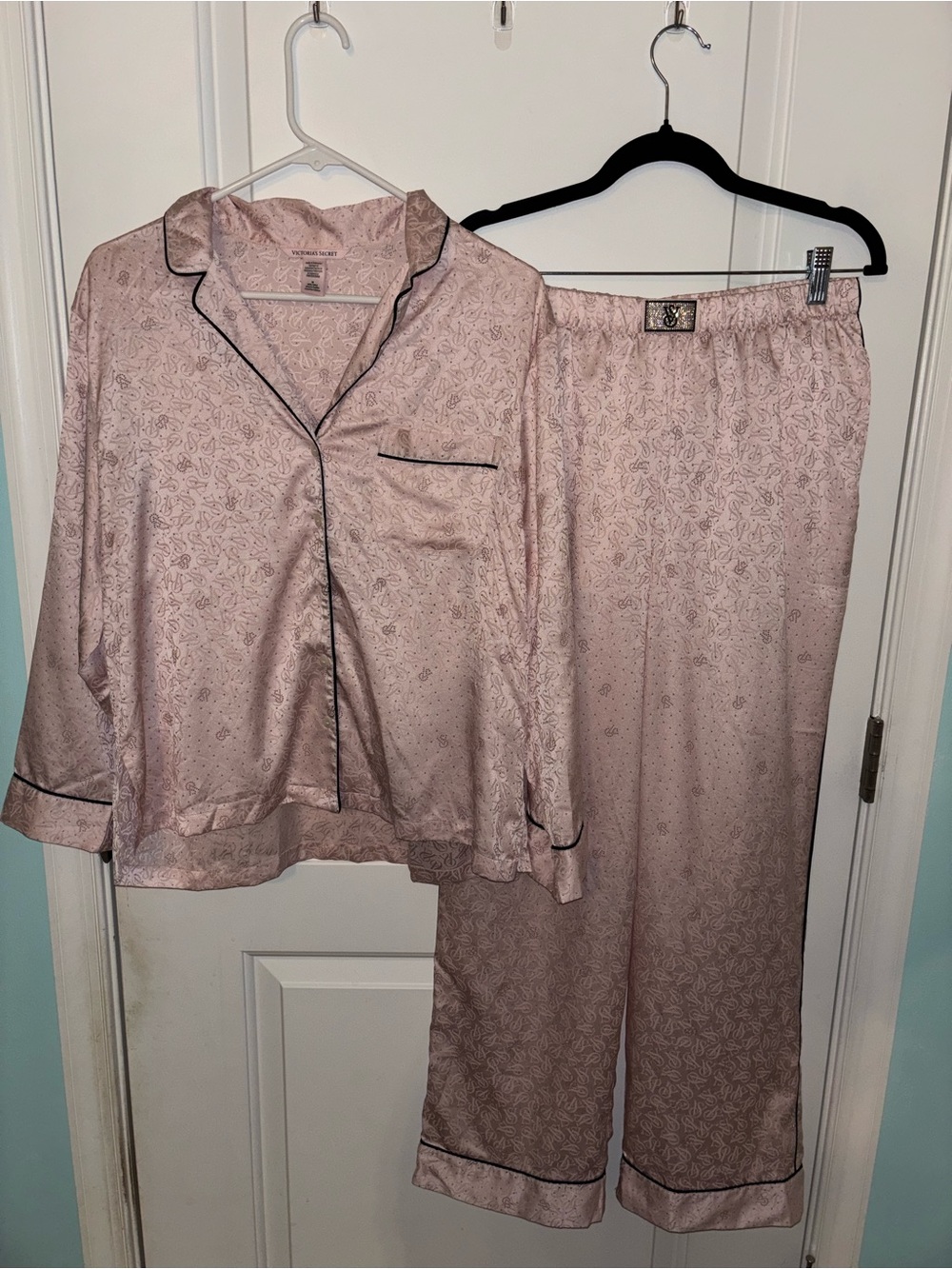 Victoria's Secret Light Pink Satin Pajama Set with Black Piping